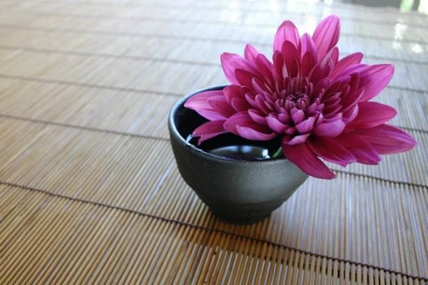 Stunning magenta chrysanthemum in a black bowl on a bamboo mat, illustrating container design ideas for using chrysanthemums in landscaping