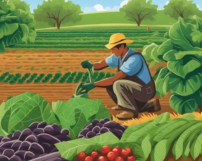 A farmer working in a lush, diverse garden with various crops, illustrating the benefits of green manures and debunking common misconceptions about their use.
