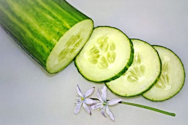 Sliced cucumbers with a flower, highlighting the benefits of cucumbers for hydration and skin health.