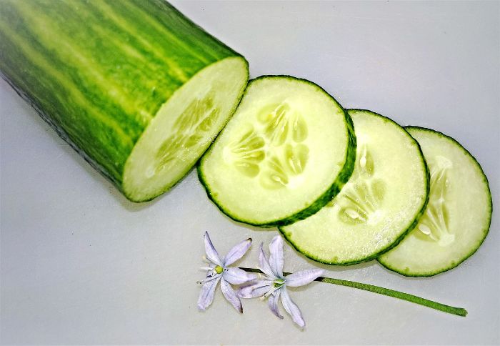 Sliced cucumbers with a flower, highlighting the benefits of cucumbers for hydration and skin health.