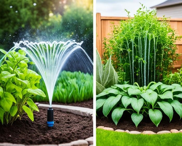 Comparison of garden irrigation systems with a drip system on the left and a sprinkler system on the right, showcasing different methods of watering plants.