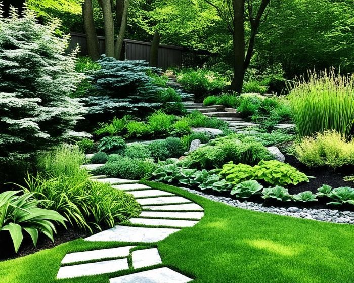 A beautifully designed garden with hardscaping elements such as stone paths and retaining walls, enhancing the lush greenery and shade-loving plants.