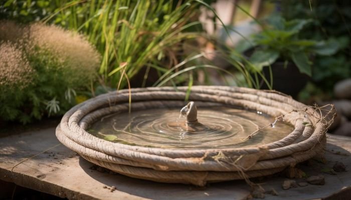 Calming water feature in a garden with surrounding greenery