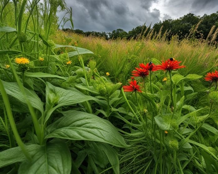 A vibrant garden with a variety of plants and flowers, illustrating natural pest management techniques to maintain a healthy and eco-friendly garden.