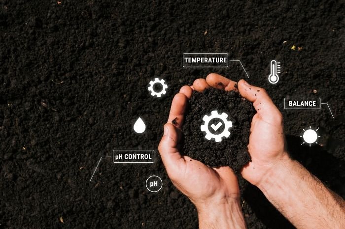 Hands holding soil with overlay icons representing pH control, temperature, and balance, illustrating the importance of monitoring and adapting soil management practices.