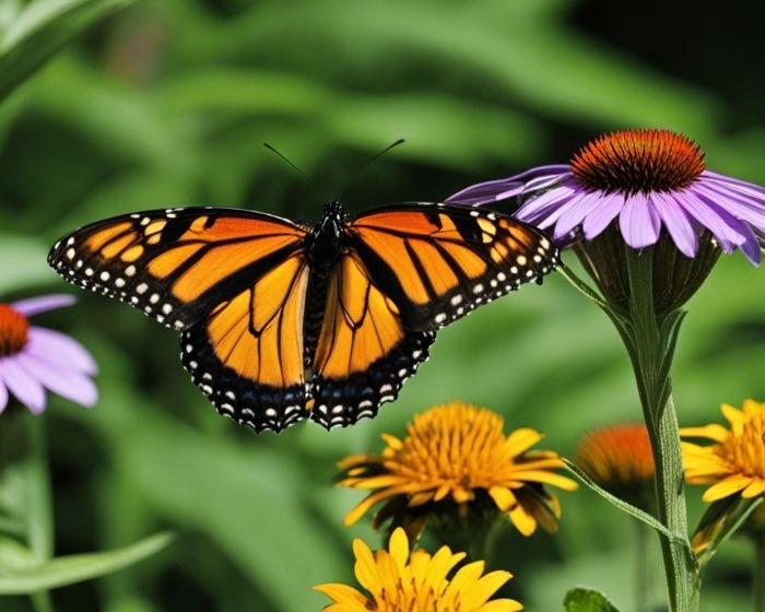 Monarch butterfly feeding on nectar-rich flowers like Echinacea and asters, illustrating how these plants attract and support butterflies.