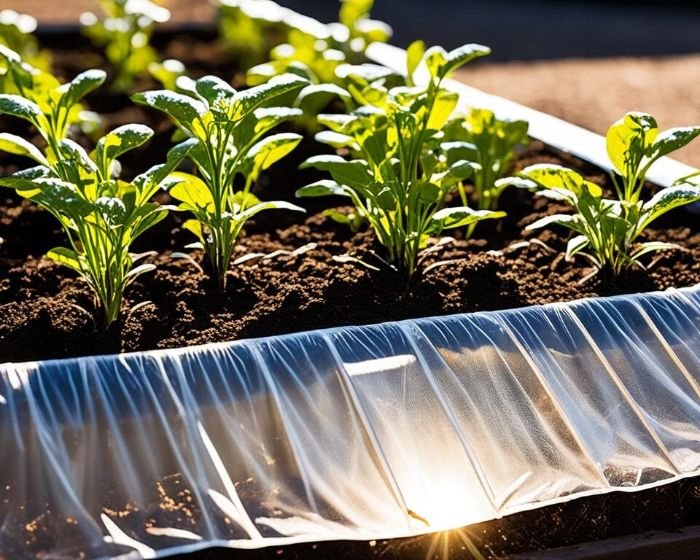 Carefully removing plastic sheeting from soil after solarization to prepare the treated soil for further farming activities.