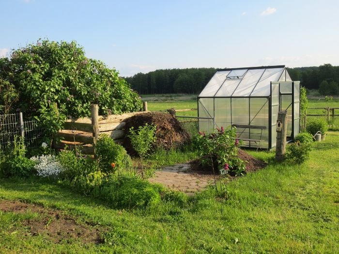 A garden with a greenhouse and a plastic-covered soil area, demonstrating the process of soil solarization to eliminate pests and improve soil health.