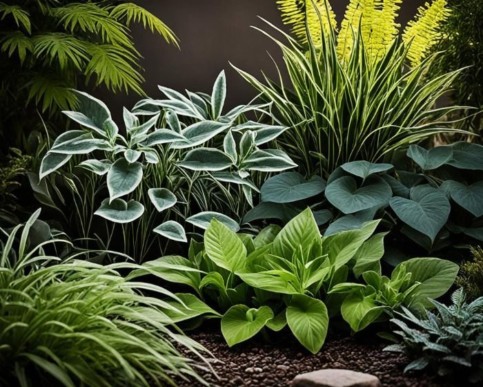 A lush garden featuring a variety of shade-loving plants with different leaf shapes and textures, ideal for low-light areas.