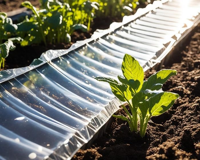 Plastic sheet covering soil in a garden bed to increase soil heat and control weeds and soil-borne diseases through soil solarization.