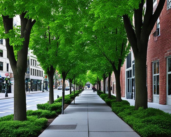 Tree-lined urban sidewalk, illustrating the beauty and moderate spread of Sweetbay Magnolia trees with fragrant flowers.