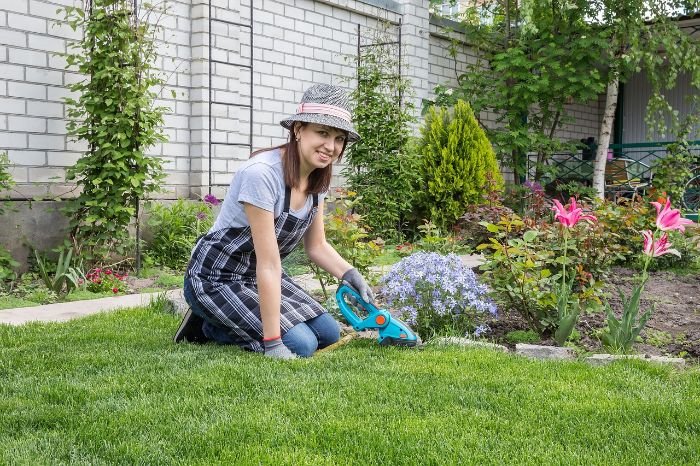 A gardener kneeling and working in a well-maintained garden with various flowers, using hardscaping elements like walls and fences to protect against wind while enhancing the garden's aesthetics.