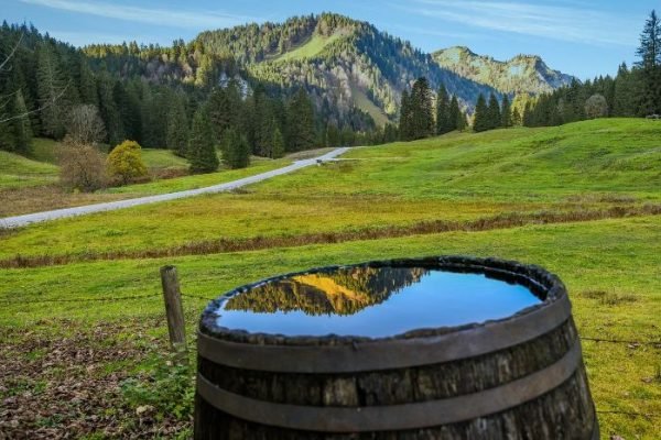 Water Conservation Tips for Sustainable Gardening Reflection of mountains in a water barrel, illustrating water conservation techniques for sustainable gardening.