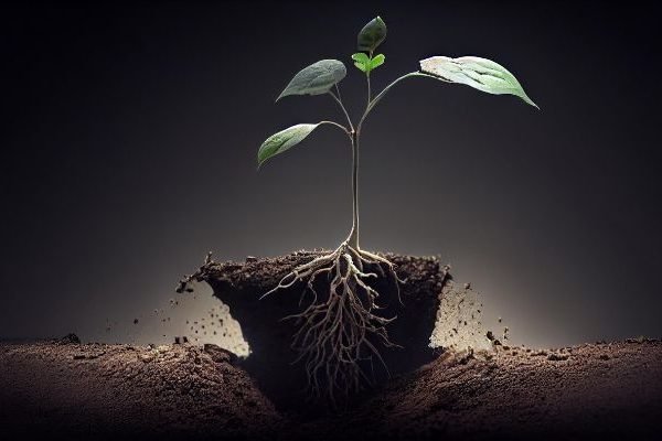 Young plant with deep roots in soil, illustrating effective watering techniques for root development