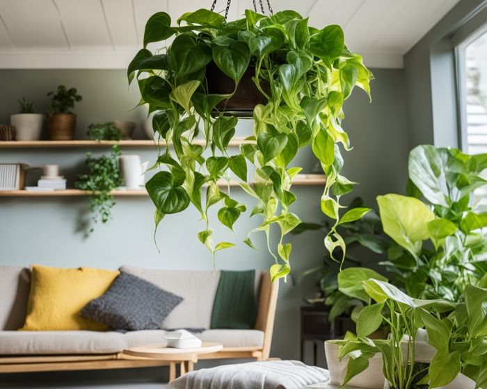 A vibrant pothos plant hanging in a modern living room, showcasing the ideal selection of pothos varieties for enhancing indoor home décor.