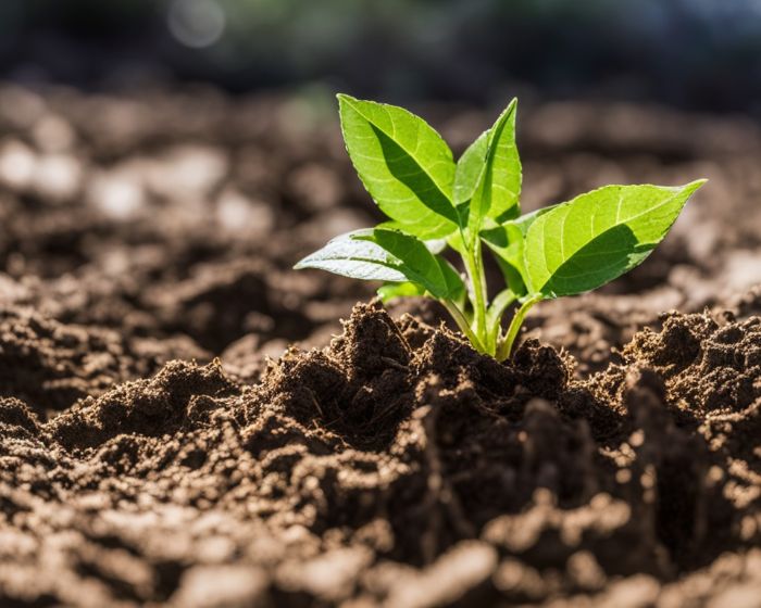 A young green seedling sprouting from rich soil, representing the importance of soil temperature in plant growth and development.