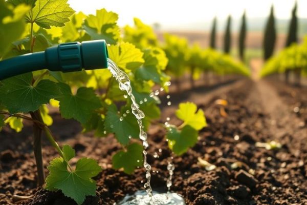 Close-up of water flowing from a hose onto the soil near grapevines, promoting deep root development.