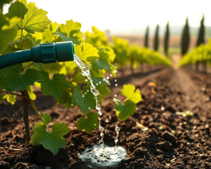 Close-up of water flowing from a hose onto the soil near grapevines, promoting deep root development.