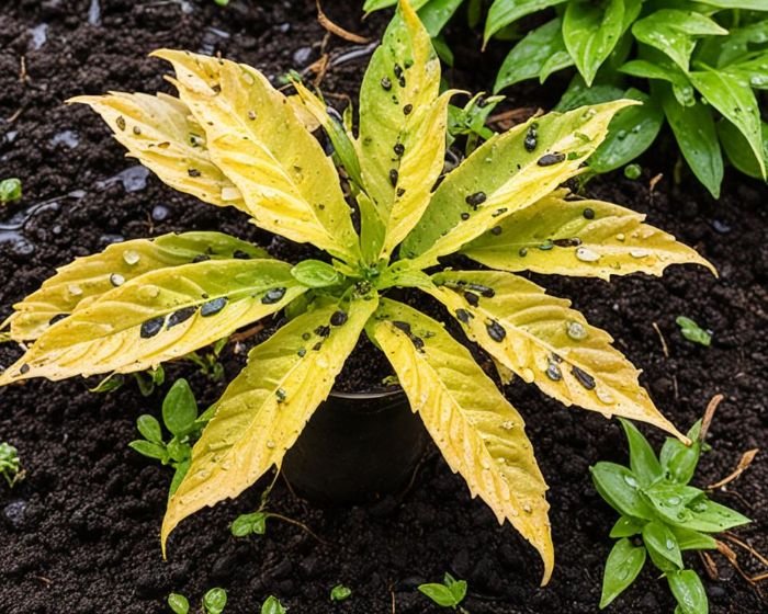 Yellowing leaves on a plant showing signs of overwatering, with water droplets on leaves, illustrating the need for careful watering management