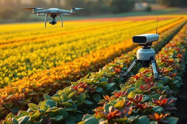 An AI-powered drone and robotic sensor monitoring crops in a field, illustrating advanced AI-driven pest management strategies for precision agriculture.