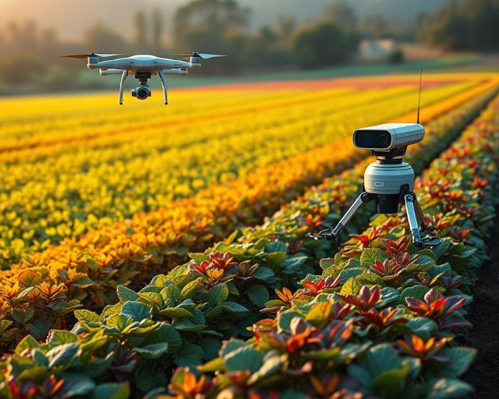 An AI-powered drone and robotic sensor monitoring crops in a field, illustrating advanced AI-driven pest management strategies for precision agriculture.
