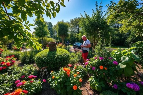 A gardener pruning plants in a vibrant garden under the bright sun, highlighting the importance of knowing the best time to prune different types of plants for healthy growth.