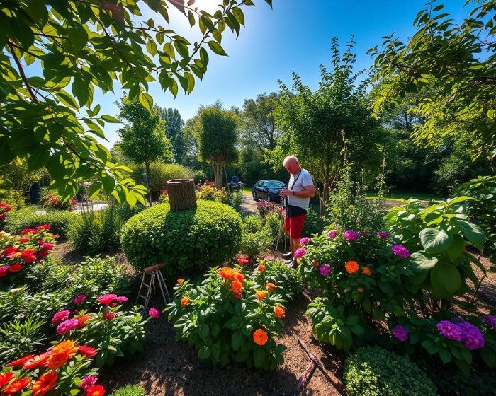 A gardener pruning plants in a vibrant garden under the bright sun, highlighting the importance of knowing the best time to prune different types of plants for healthy growth.