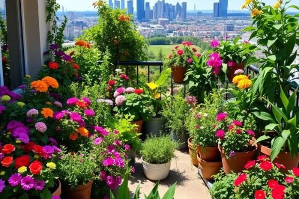 Container Gardening Tips That Make Small Balconies Feel Bigger Vibrant container garden on a balcony filled with colorful flowers and green plants in pots, overlooking a modern city skyline. Perfect for balcony and patio gardening ideas.