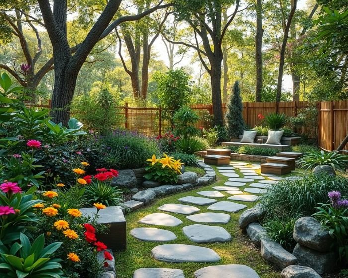 A serene garden with a stone pathway, lush greenery, and a cozy seating area designed for relaxation and mindfulness.