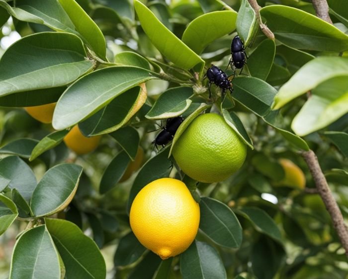 Close-up of citrus fruits on a tree with black beetles, highlighting common pests and the importance of pest control for healthy citrus trees.