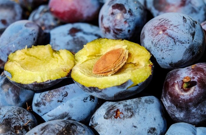 Close-up of ripe and halved plums showcasing their rich nutritional content, including vitamins and minerals.