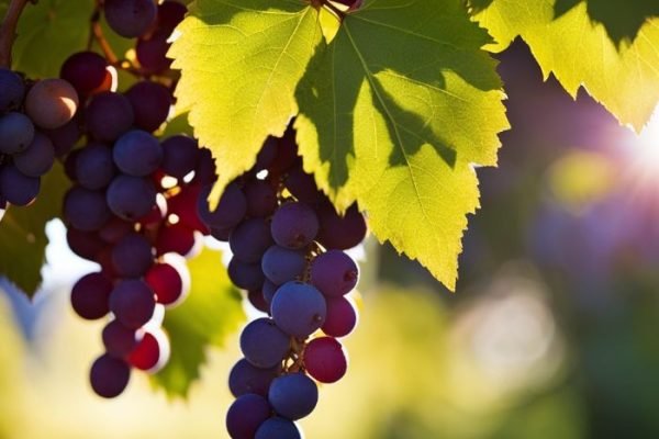 Grapes ripening under sunlight, illustrating the role of sun exposure in grape development.