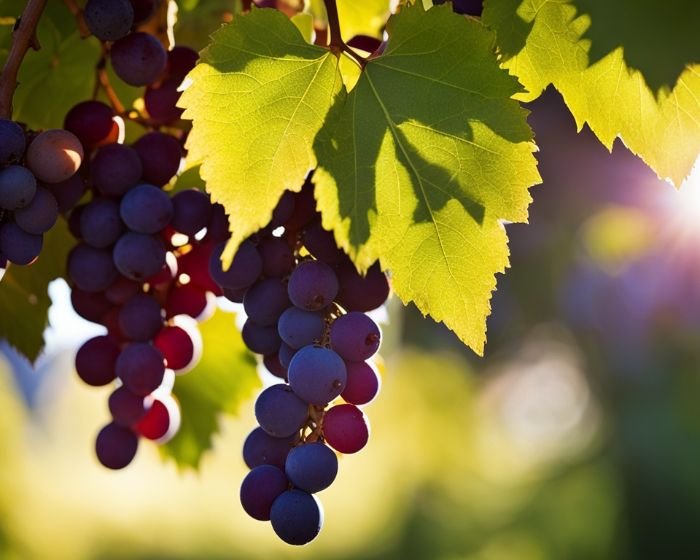 Grapes ripening under sunlight, illustrating the role of sun exposure in grape development.