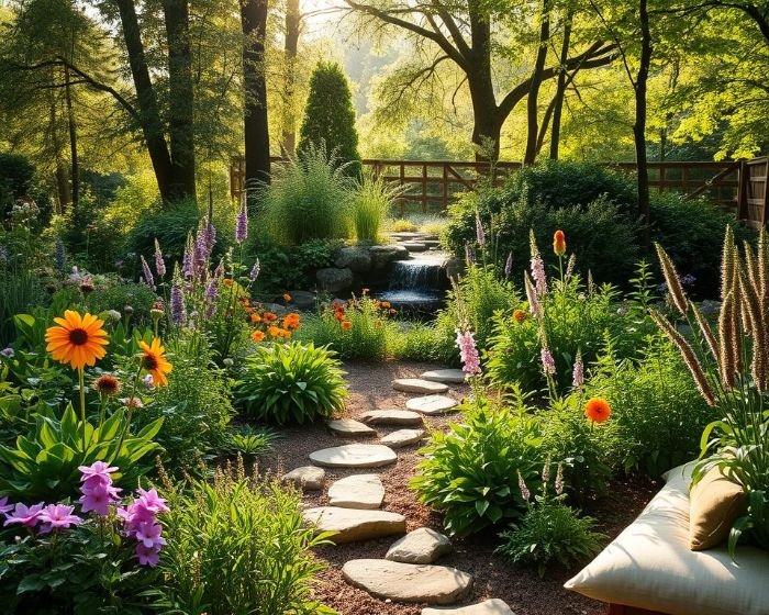 Tranquil herbal garden with blooming flowers, stone path, and a peaceful seating area, designed for mindfulness and relaxation in a natural setting.
