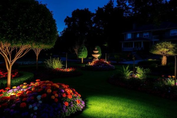 Beautifully illuminated garden at night with spotlights and uplighting enhancing trees, flower beds, and a fountain, showcasing effective outdoor lighting techniques.