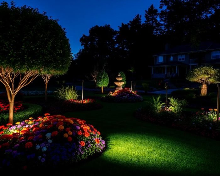 Beautifully illuminated garden at night with spotlights and uplighting enhancing trees, flower beds, and a fountain, showcasing effective outdoor lighting techniques.