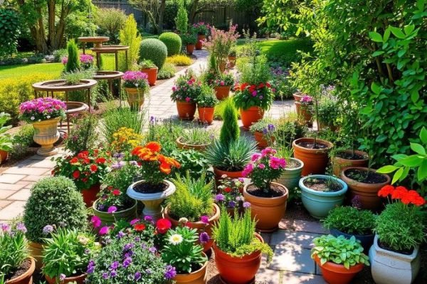 Container Garden Design For Layered Landscapes That Guide The Eye A vibrant garden with various plants in decorative containers, showcasing how container gardens enhance landscape design with flexibility and color.