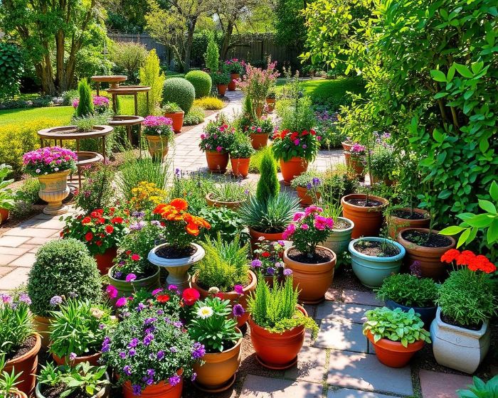 A vibrant garden with various plants in decorative containers, showcasing how container gardens enhance landscape design with flexibility and color.