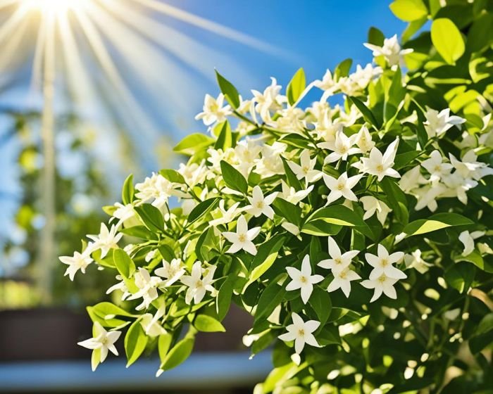 Sunlit jasmine plant with white flowers, illustrating the importance of proper watering to maintain moist but well-drained soil for healthy growth.