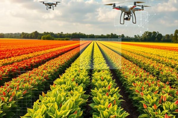 Agricultural drones using machine learning models for crop yield prediction over a colorful field, showcasing smart farming technology.
