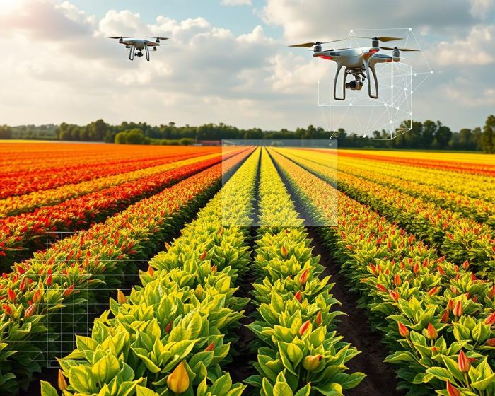 Agricultural drones using machine learning models for crop yield prediction over a colorful field, showcasing smart farming technology.