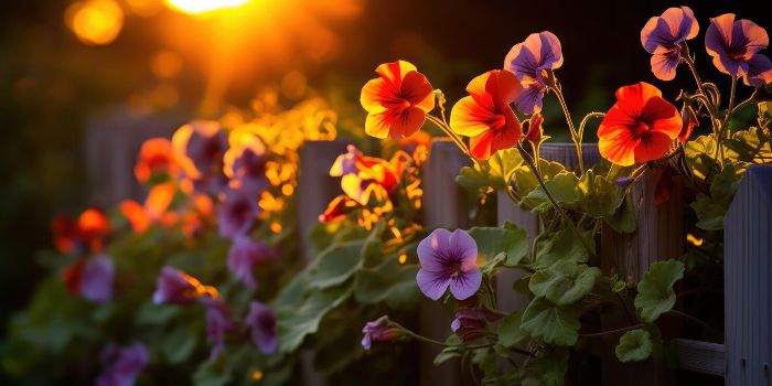 Vibrant flowers in a sunset garden, illustrating mindful gardening tips for beginners