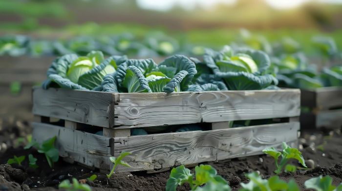 Mindful gardening with cabbage plants growing in wooden crates, enhancing connection with nature