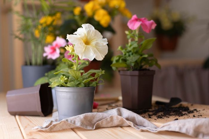 Potted plants in movable containers on a table, demonstrating how flexible positioning helps optimize sunlight exposure for plant health.