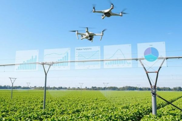 Drones monitoring a large agricultural field with data analytics overlays, optimizing irrigation efficiency through smart technology.