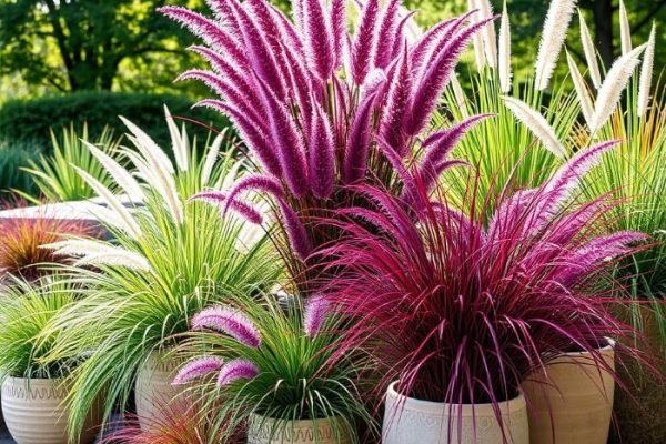 Ornamental Grasses for Container Gardening Vibrant ornamental grasses in decorative pots, showcasing colorful and textured plants ideal for container gardening.