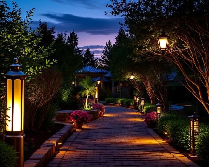 A beautifully illuminated garden pathway at dusk, showcasing strategic pathway lighting design for safety and ambiance.