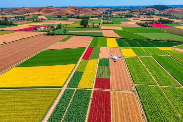 Aerial view of agricultural fields with a drone flying over, illustrating predictive analytics in crop health monitoring for precision farming.