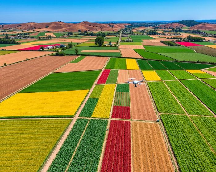Aerial view of agricultural fields with a drone flying over, illustrating predictive analytics in crop health monitoring for precision farming.