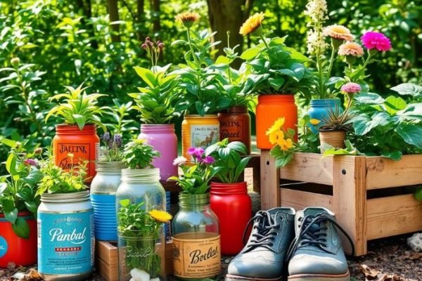 Recycled Planters That Actually Work – Keep Roots Safe And Waste Low Creative garden display using recycled household items as plant containers, including colorful jars, tin cans, and old shoes, promoting sustainable gardening.